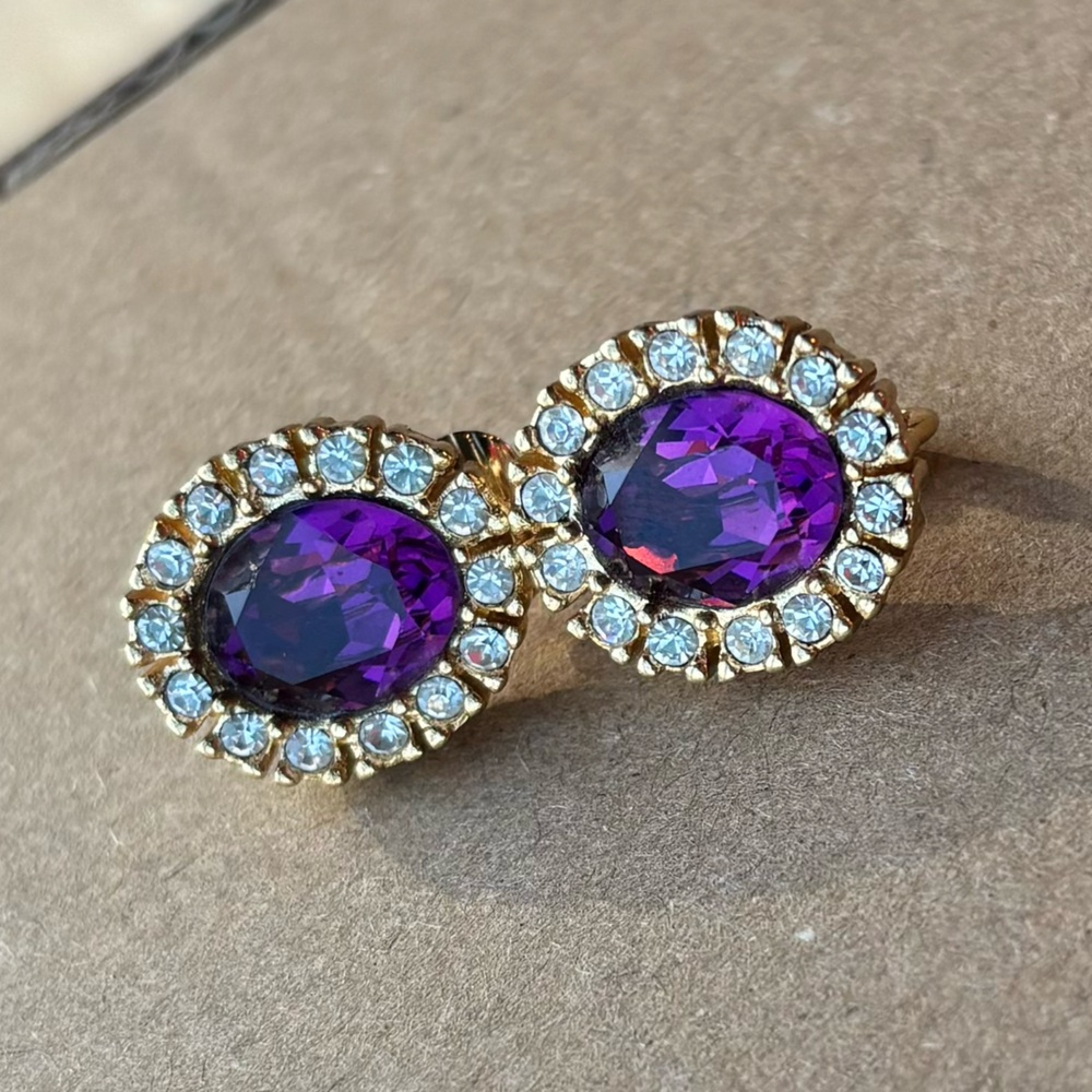 Christian Dior Amethyst Gold Plated Clip On Earrings Authentic Vintage - Picture 2 of 13